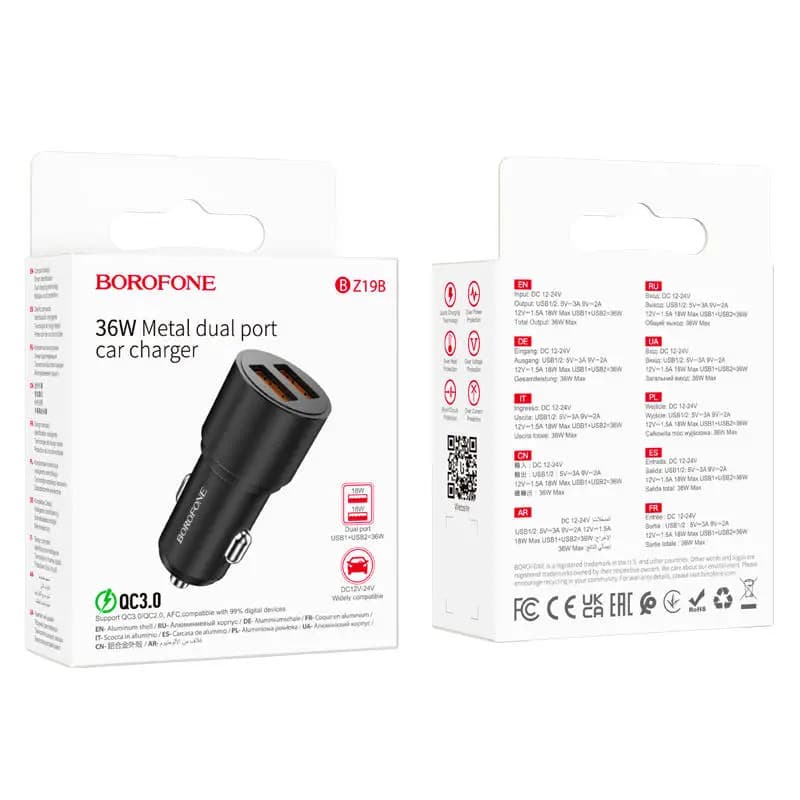 Адаптер автомобильный - Borofone BZ19B Wisdom 36W QC3.0 (2xUSB) (black) 