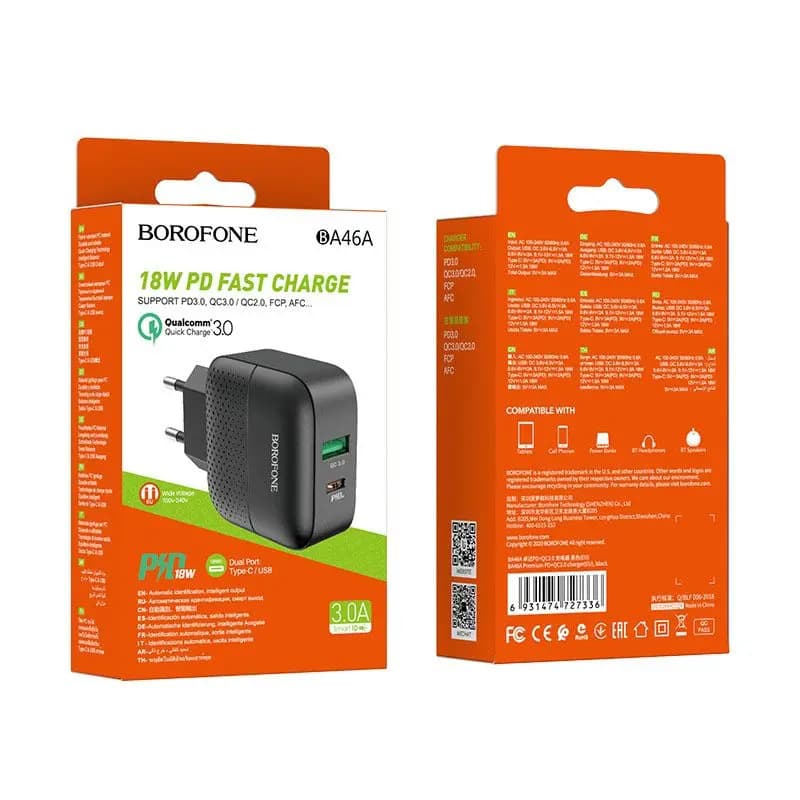Адаптер сетевой - Borofone BA46A Premium 18W PD+QC3.0 (USB/Type-C) (black) 