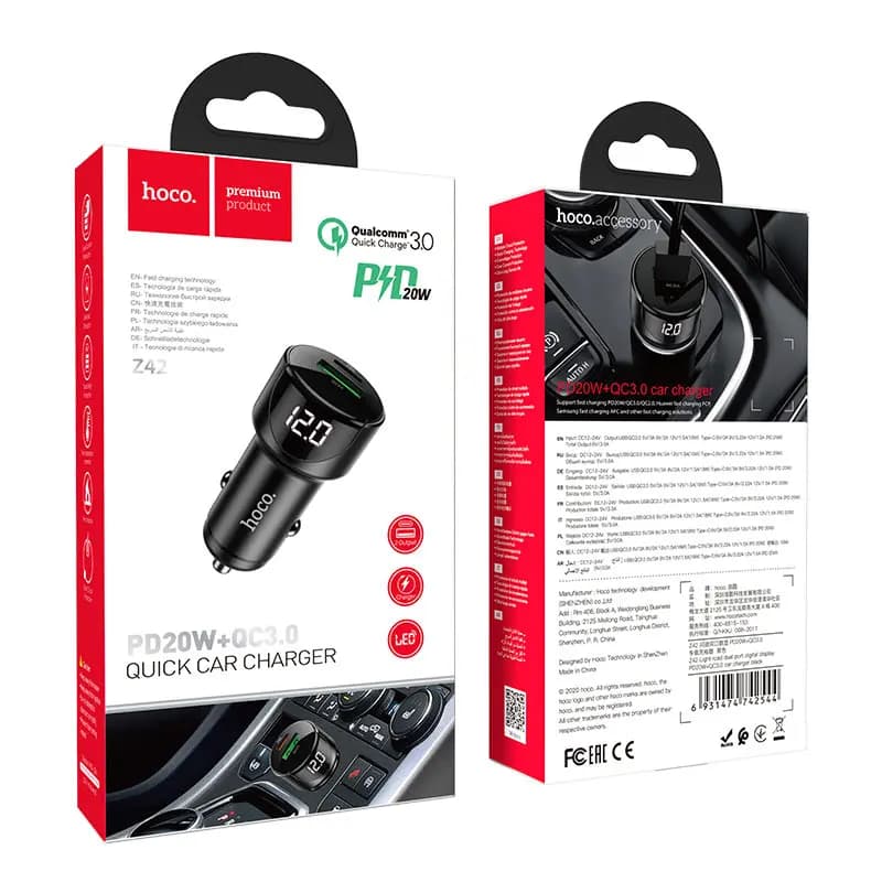 Адаптер автомобильный - Hoco Z42 Light 20W PD+QC3.0 (Type-C/USB) (black)