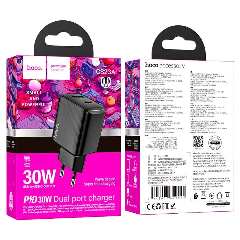 Адаптер сетевой - Hoco CS23A 30W PD+QC3.0 (USB/Type-C) (black)