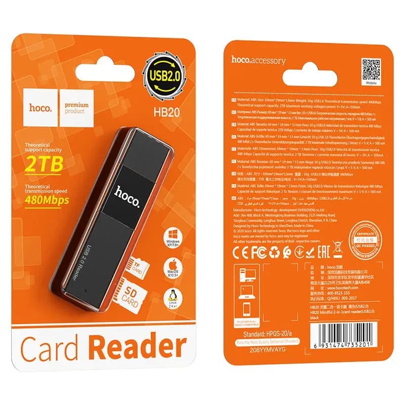 Карт-ридер USB - Hoco HB20 Mindful 2 in 1 (black) 