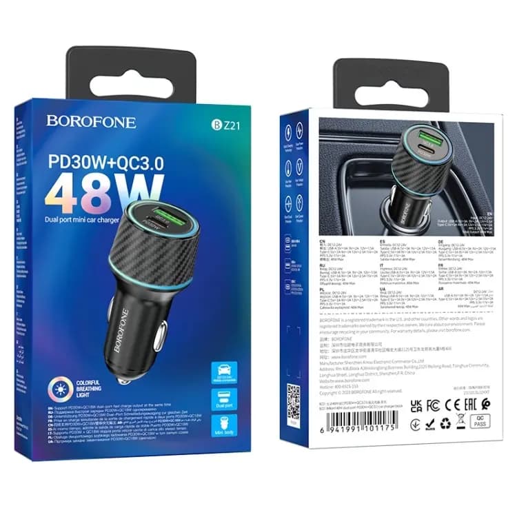 Адаптер автомобильный - Borofone BZ21 Brilliant 48W PD+QC3.0 (Type-C/USB) (black carbon) 
