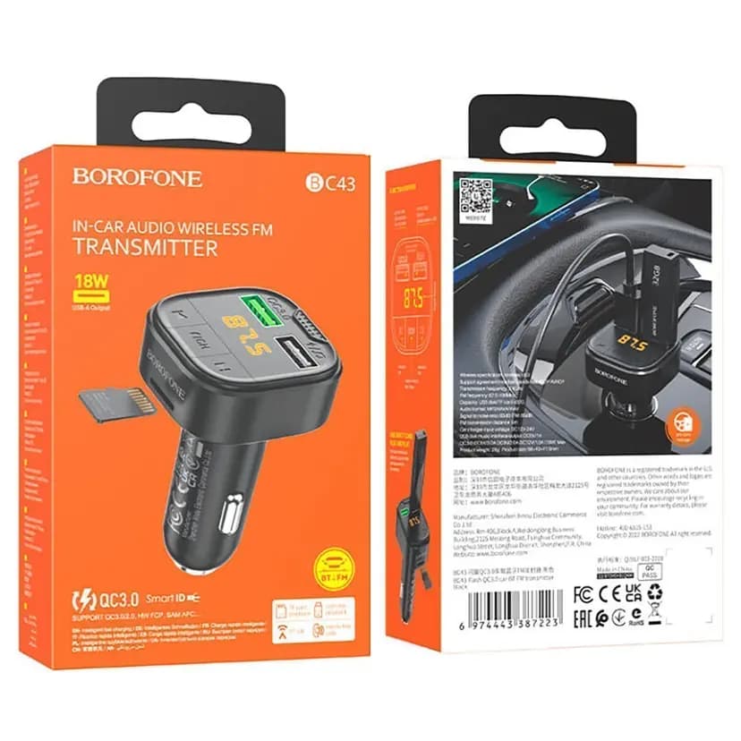 FM-модулятор - Borofone BC43 18W QC3.0 (MicroSD/2xUSB) (black) 
