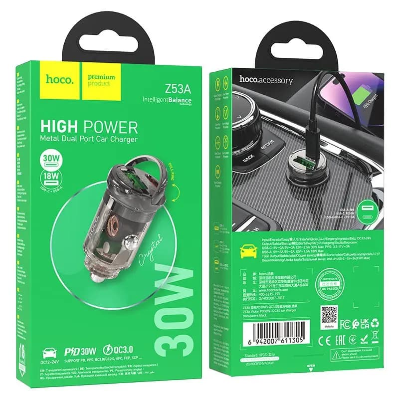 Адаптер автомобильный - Hoco Z53A Vision 30W PD+QC3.0 (Type-C/USB) (transparent black) 