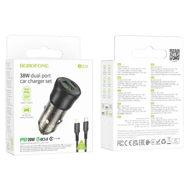 Адаптер автомобильный - Borofone BZ25 Journey 38W PD+QC3.0 (Type-C/USB) + кабель Type-C - Apple lightning (transparent black) 