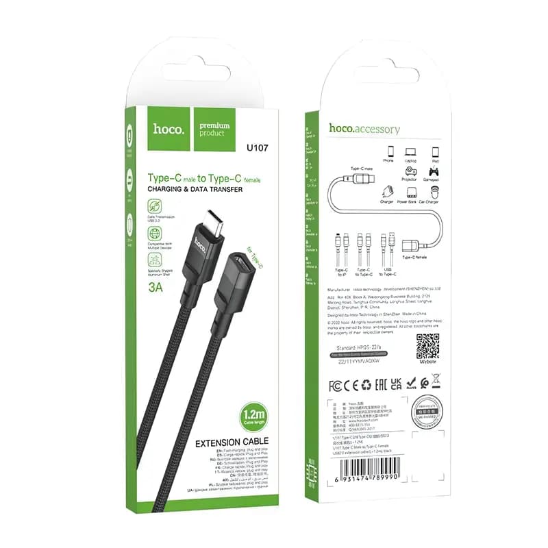 Кабель Type-C - Type-C (папа-мама) - Hoco U107 (120 см) (black)