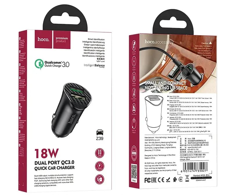 Адаптер автомобильный - Hoco Z39 18W QC3.0 (2xUSB) (black) 