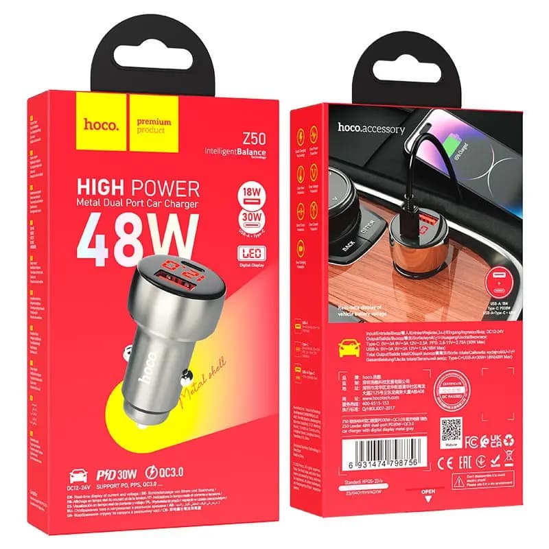 Адаптер автомобильный - Hoco Z50 Leader 48W PD+QC3.0 (Type-C/USB) (metal gray) 