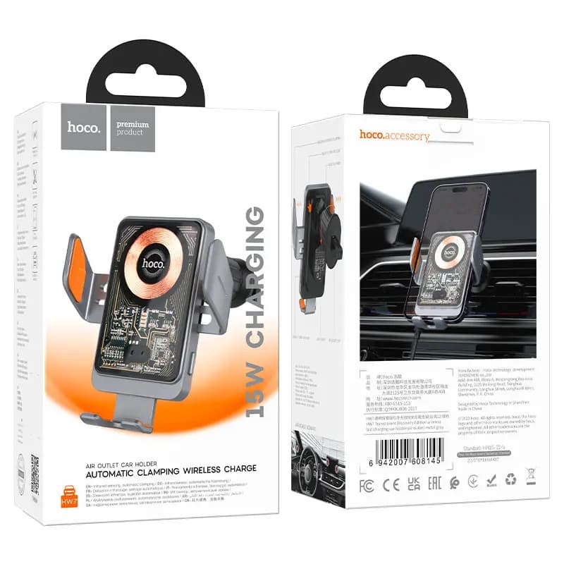Автодержатель в дефлектор зажимной с беспроводной зарядкой - Hoco HW7 Wise (transparent black) 