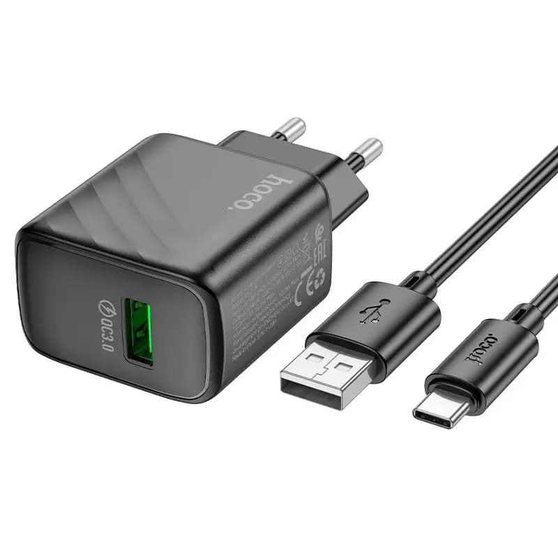 Адаптер сетевой - Hoco CS21A Rich 18W QC3.0 (USB) + кабель USB - Type-C (black) — фото 2