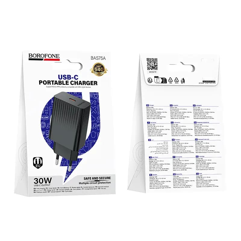 Адаптер сетевой - Borofone BAS75A Source 30W PD+QC3.0 (Type-C) (black) 