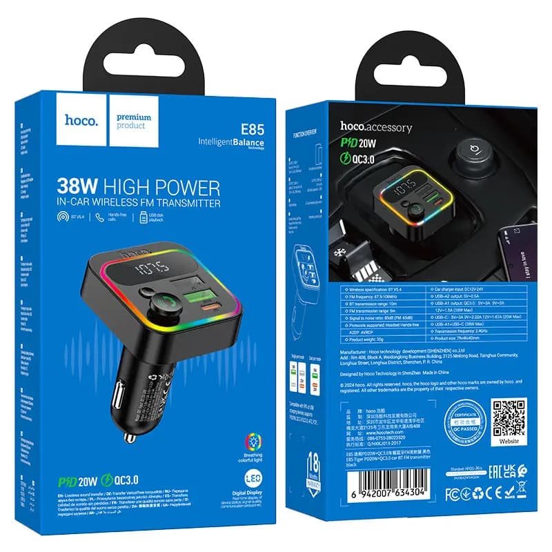FM-модулятор - Hoco E85 Tiger 38W PD+QC3.0 (black) 