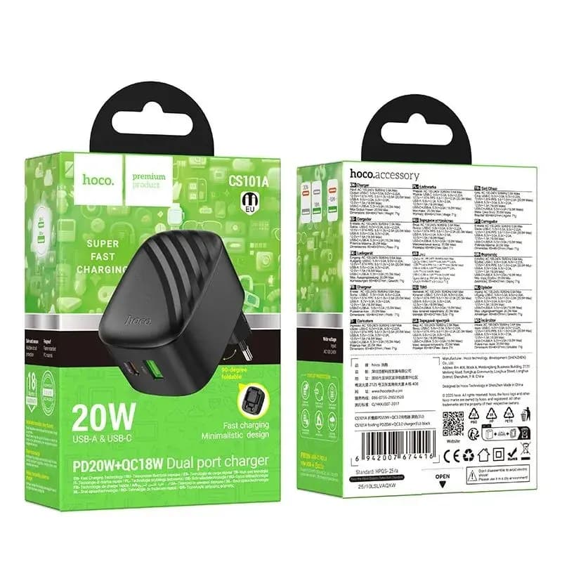 Адаптер сетевой - Hoco CS101A 20W PD+QC3.0 (Type-C/USB) (black) 