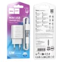 Адаптер сетевой - Hoco C134A 2.4A (USB) + кабель USB - Micro-USB (white)  — фото 1