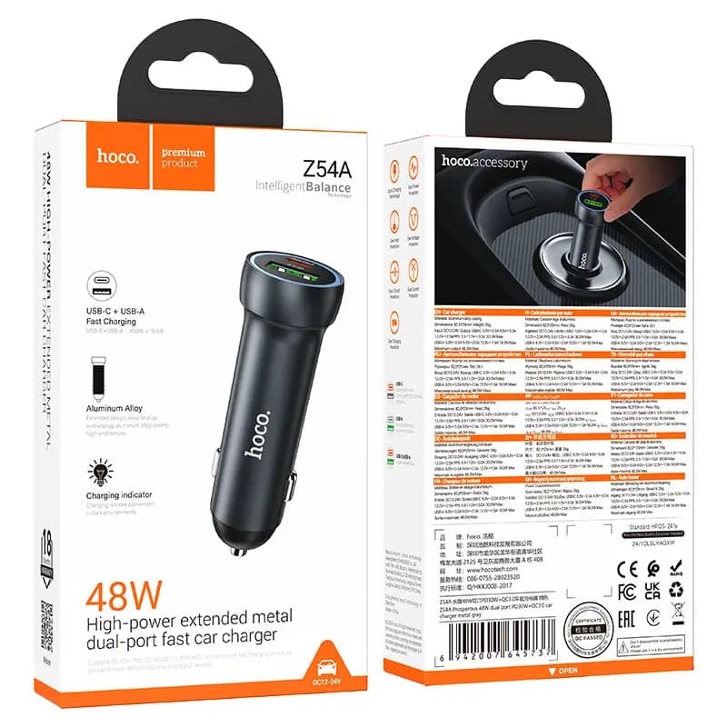 Адаптер автомобильный - Hoco Z54A Prosperous 48W PD+QC3.0 (Type-C/USB) (metal grey) 