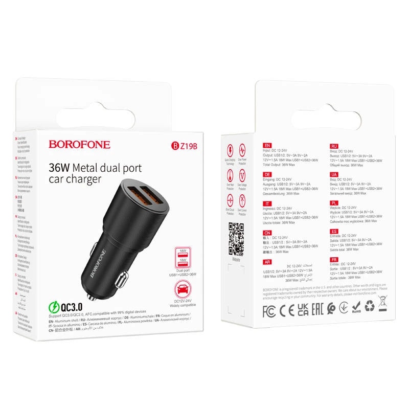 Адаптер автомобильный - Borofone BZ19B Wisdom 36W QC3.0 (2xUSB) (black) 