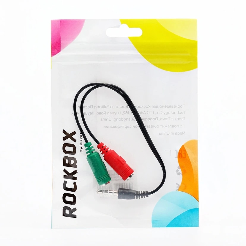 Адаптер 3.5 jack - 2x3.5 jack (совмещённый папа - наушники мама+микрофон мама) - RockBox (21 см) (black)