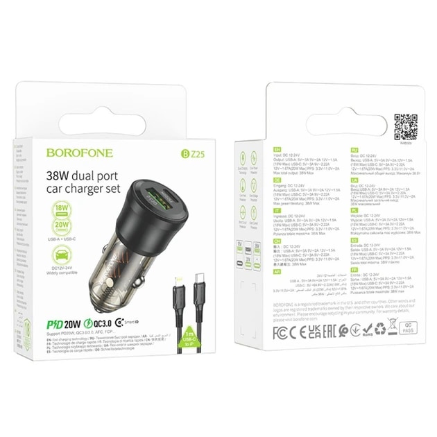 Адаптер автомобильный - Borofone BZ25 Journey 38W PD+QC3.0 (Type-C/USB) + кабель Type-C - Apple lightning (transparent black) 