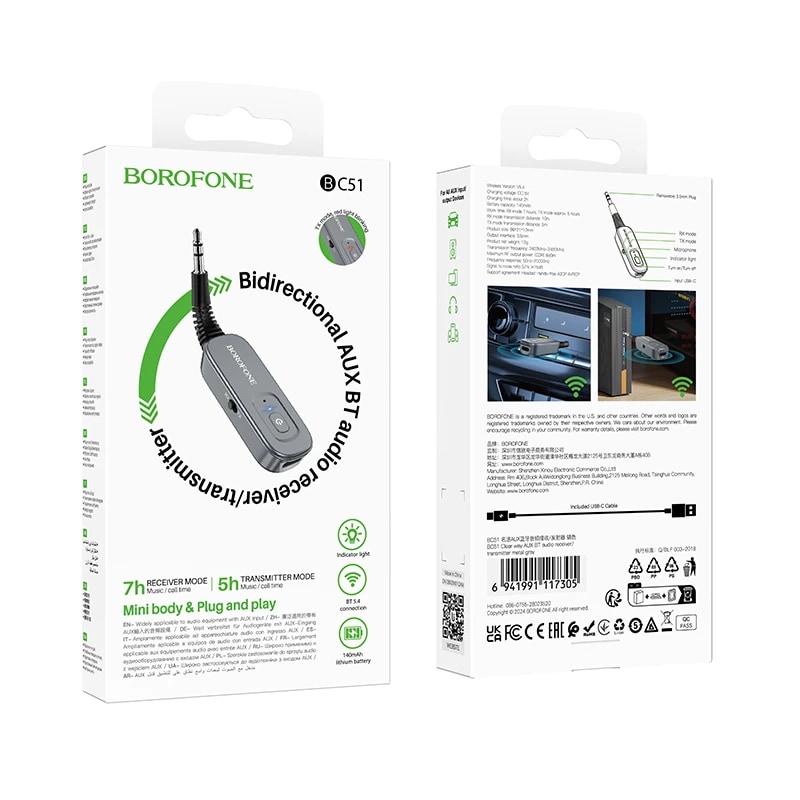 Bluetooth-адаптер 3.5 jack - Borofone BC51 Clear Way (Type-C) (grey) 