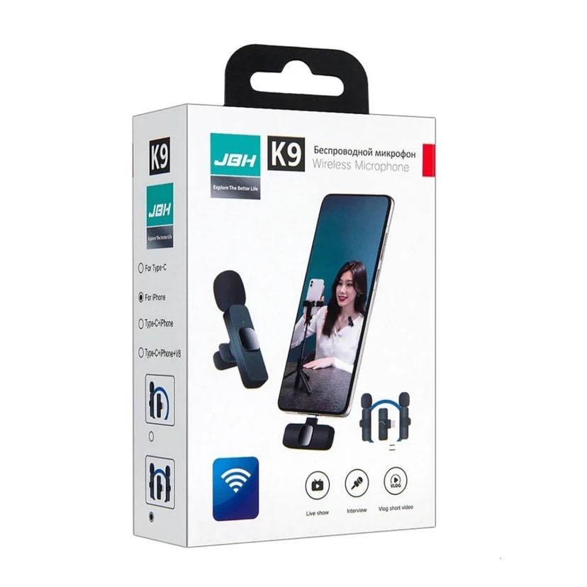 Микрофон беспроводной на прищепке - K9 Double (Apple lightning/Type-C) (black) 