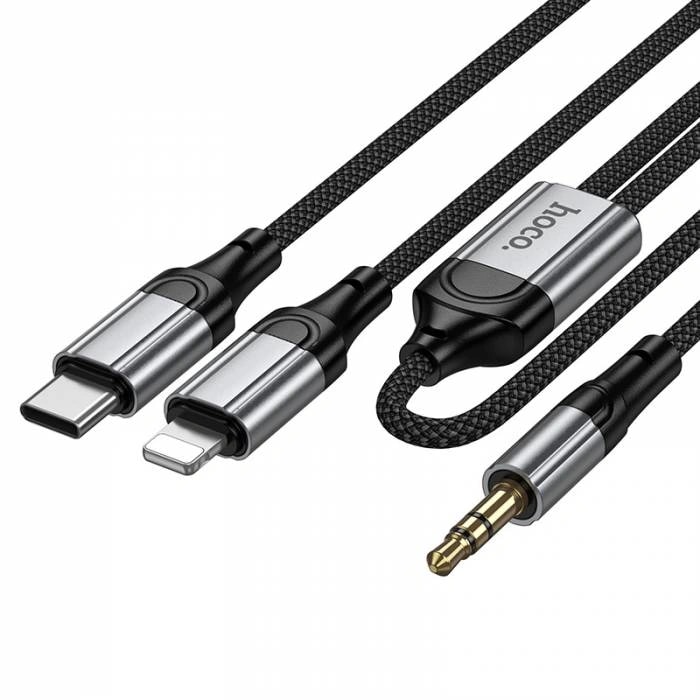 Кабель Apple lightning/Type-C - 3.5 jack - Hoco UPA26A (100 см) (metal grey) 