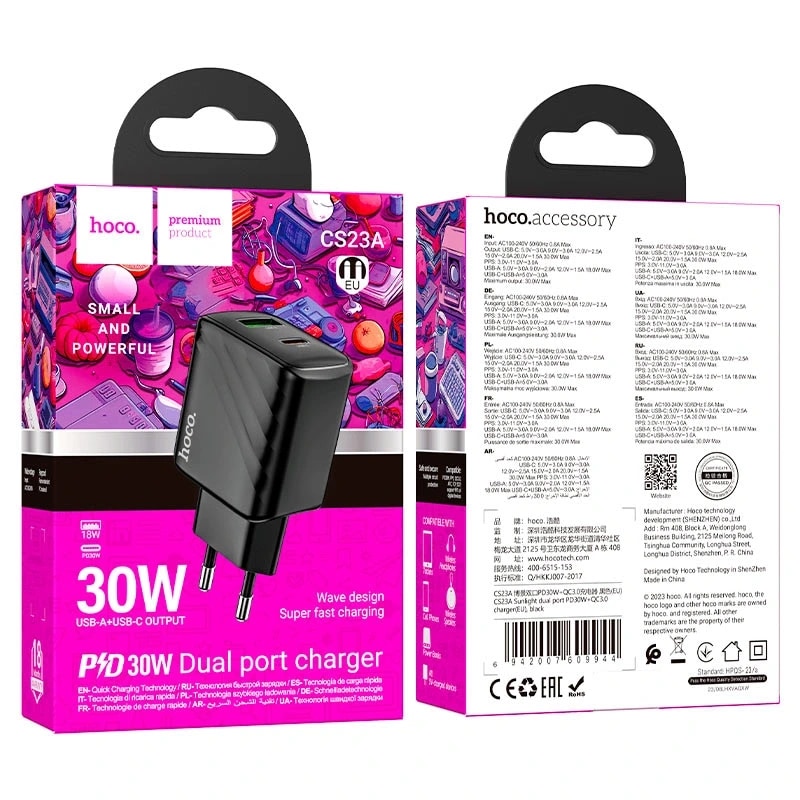 Адаптер сетевой - Hoco CS23A 30W PD+QC3.0 (USB/Type-C) (black) — фото 2