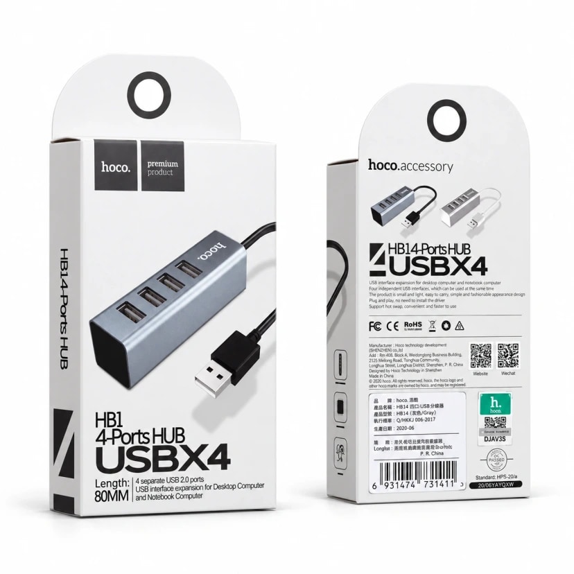 Хаб USB - 4 USB - Hoco HB1 (80 см) (silver) — фото 2
