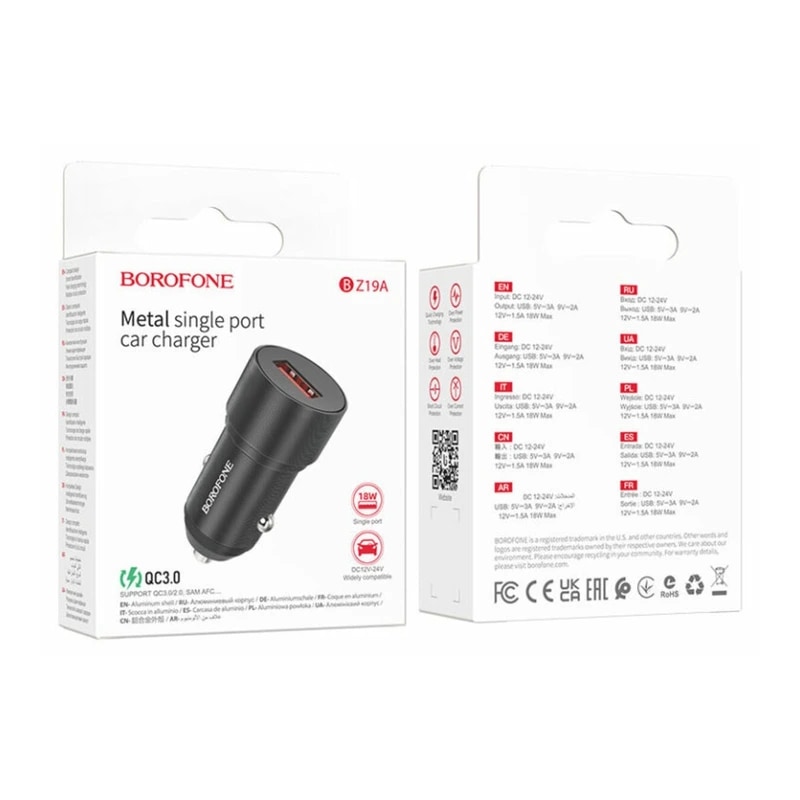 Адаптер автомобильный - Borofone BZ19A Wisdom 18W QC3.0 (USB) (black)
