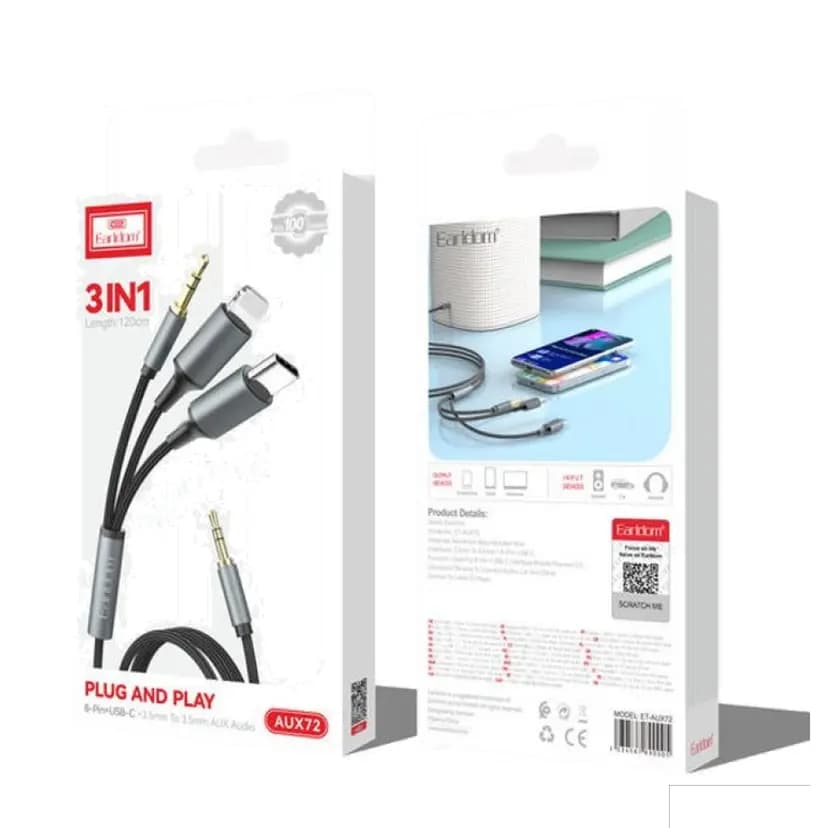 Кабель Apple lightning/Type-C/3.5 jack - 3.5 jack - Earldom ET-AUX72 (120 см) (black)