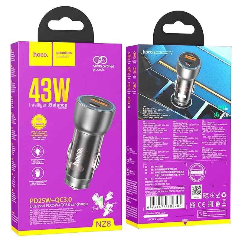 Адаптер автомобильный - Hoco NZ8 Sprinter 43W PD+QC3.0 (Type-C/USB) (black/brown)