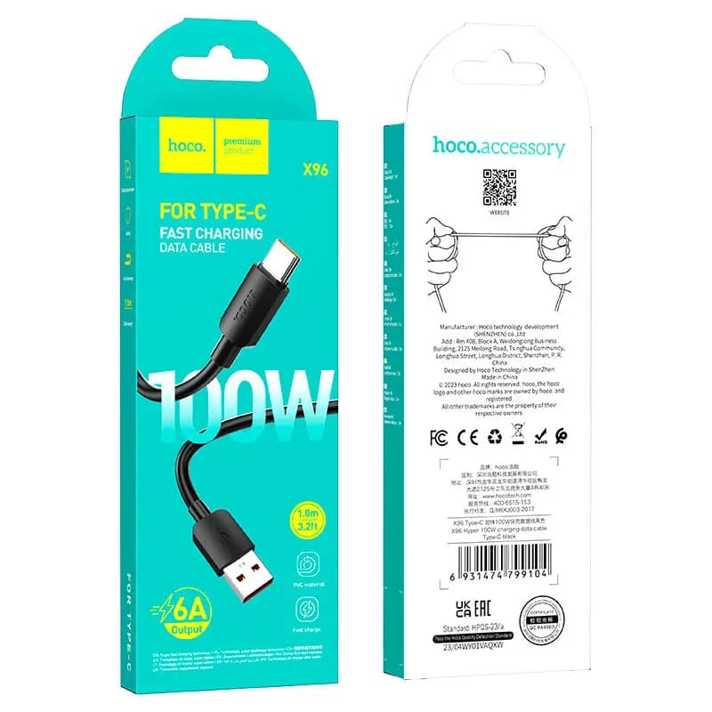 Кабель USB - Type-C - Hoco X96 100W (100 см) (black)