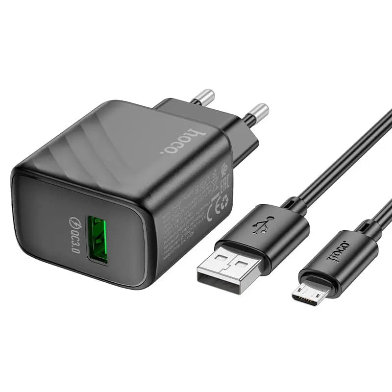 Адаптер сетевой - Hoco CS21A Rich 18W QC3.0 (USB) + кабель USB - Micro-USB (black) — фото 2