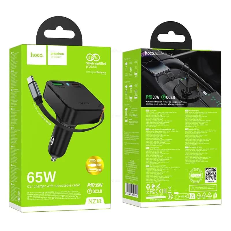 Адаптер автомобильный - Hoco NZ18 Guardian 65W PD+QC3.0 (USB/Type-C/Type-C cable) (black)