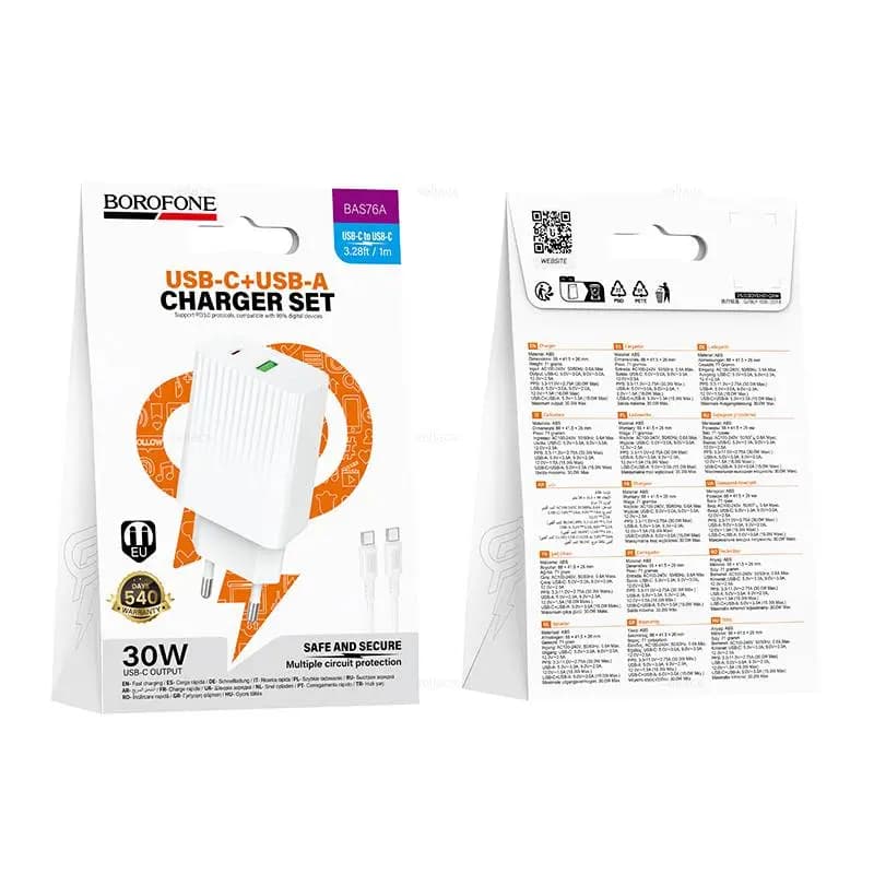 Адаптер сетевой - Borofone BAS76A 30W PD+QC3.0 (USB/Type-C) + кабель Type-C - Type-C (white)