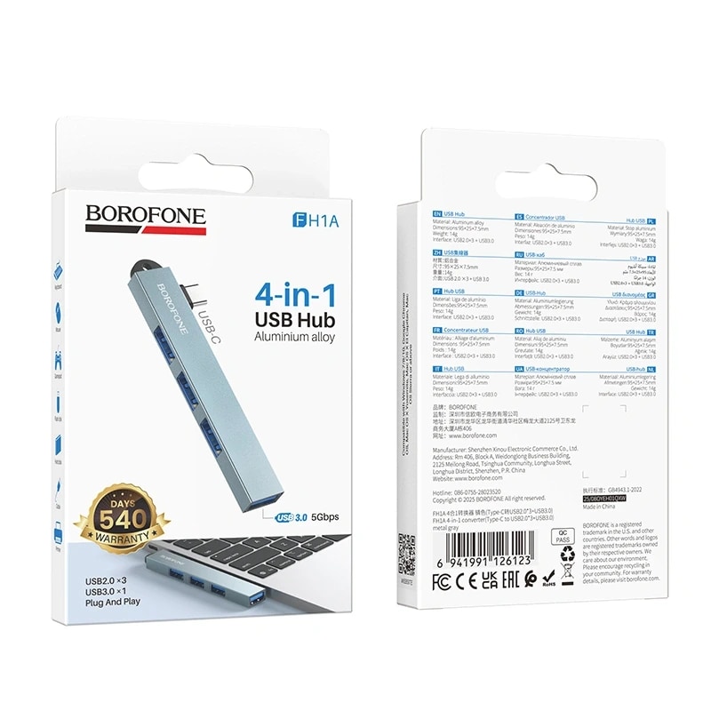 Хаб Type-C - 4 USB - Borofone FH1A (4xUSB) (metal grey) — фото 2