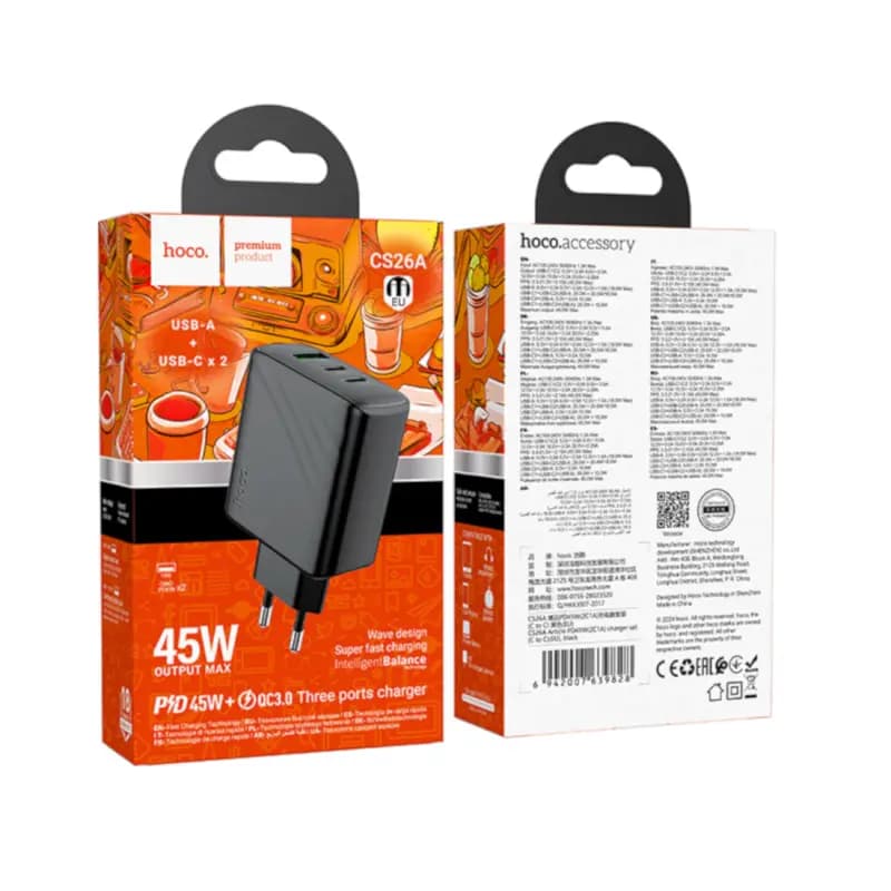 Адаптер сетевой - Hoco CS26A Article 45W PD+QC3.0 (2xType-C/USB) (black)