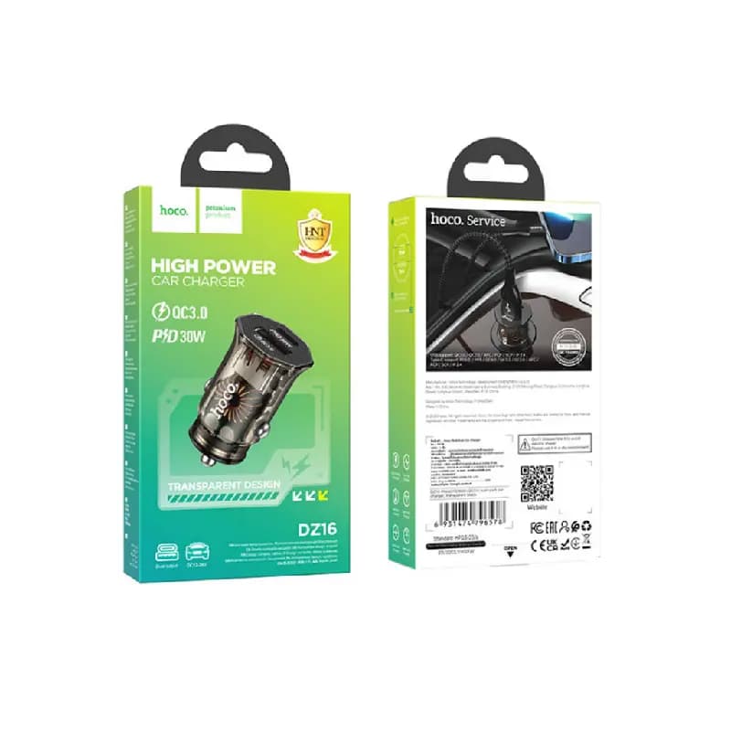 Адаптер автомобильный - Hoco DZ16 30W PD+QC3.0 (Type-C/USB) (transparent/carbon)