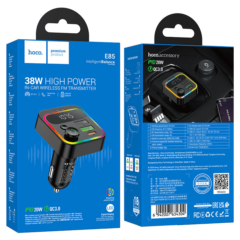 FM-модулятор - Hoco E85 Tiger 38W PD+QC3.0 (black)
