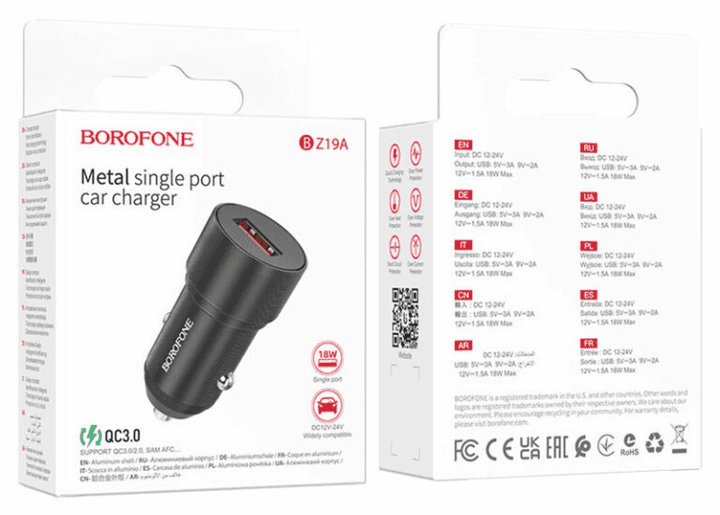Адаптер автомобильный - Borofone BZ19A Wisdom 18W QC3.0 (USB) (black)