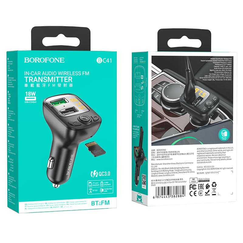 FM-модулятор - Borofone BC41 Eminency 18W QC3.0 (MicroSD/2xUSB) (black)
