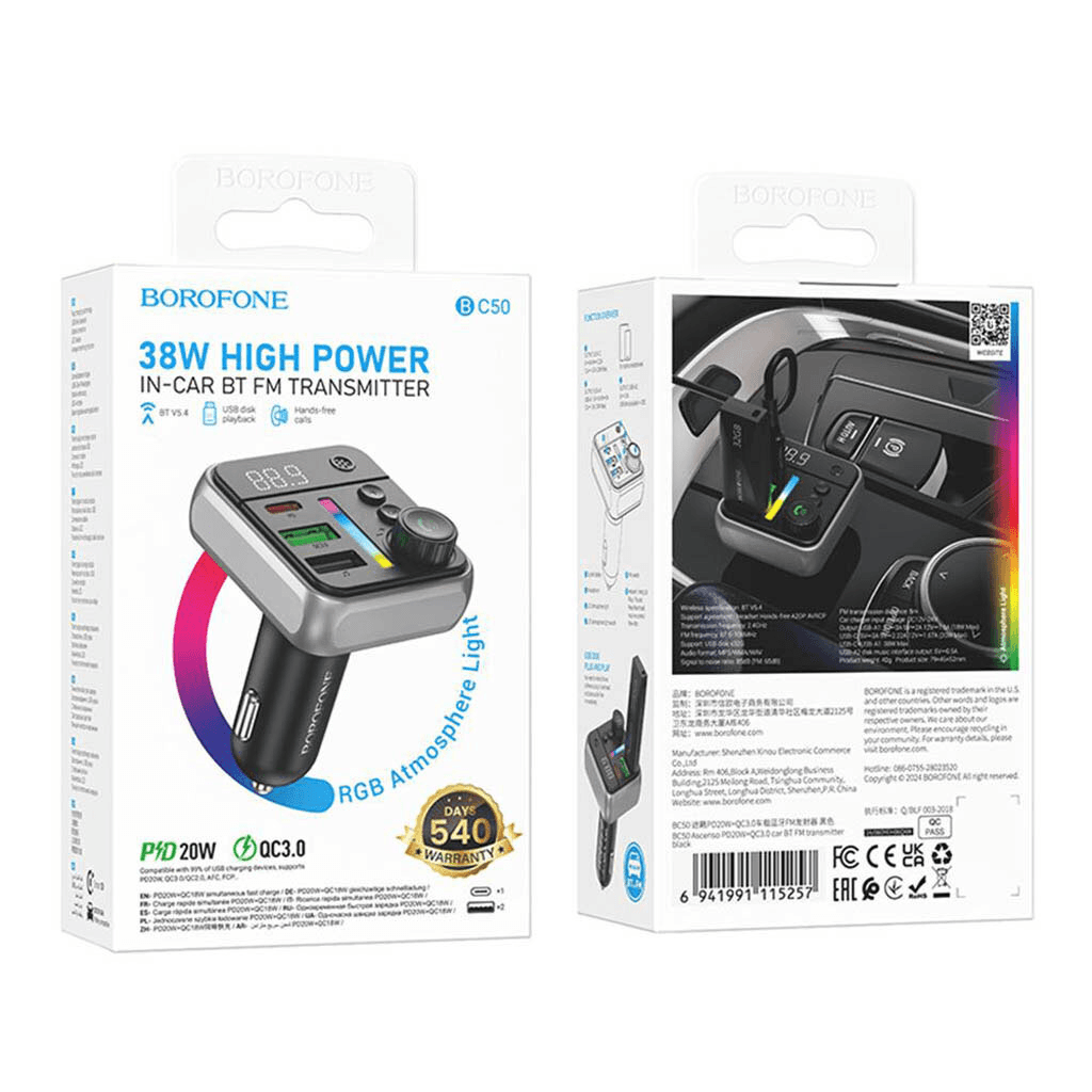 FM-модулятор - Borofone BC50 Ascenso 38W PD+QC3.0 (Type-C/2xUSB) (black)